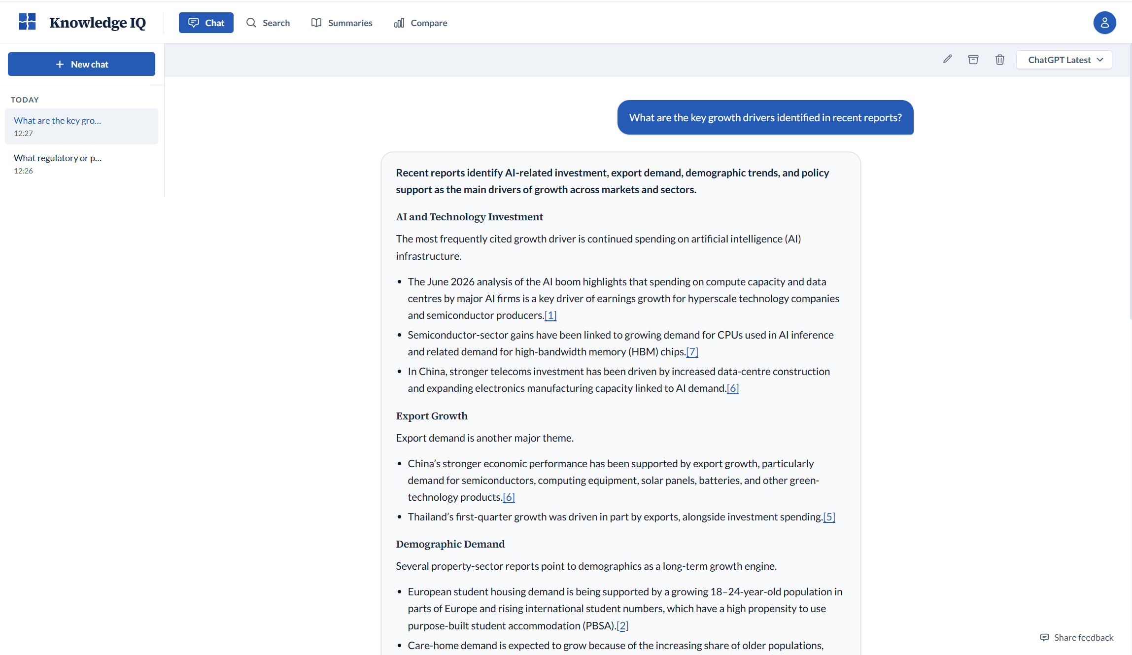 Knowledge IQ, an AI research platform built by TechGuidr: a plain-language question answered with a structured, cited synthesis.
